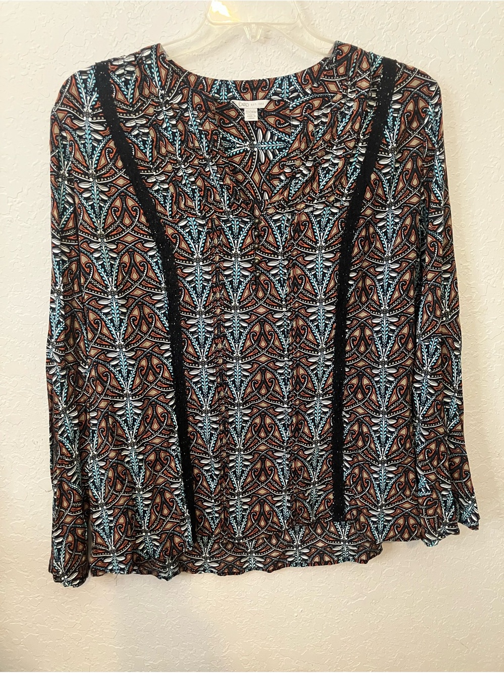 Cato Brown and Blue Geometric Lightweight Bell-Sleeve Blouse